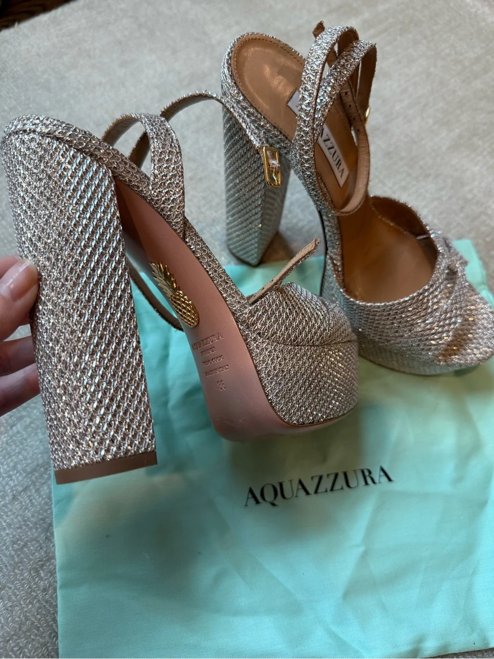 Aquazzura Silver Crystal Mesh Platform Slingback Heels